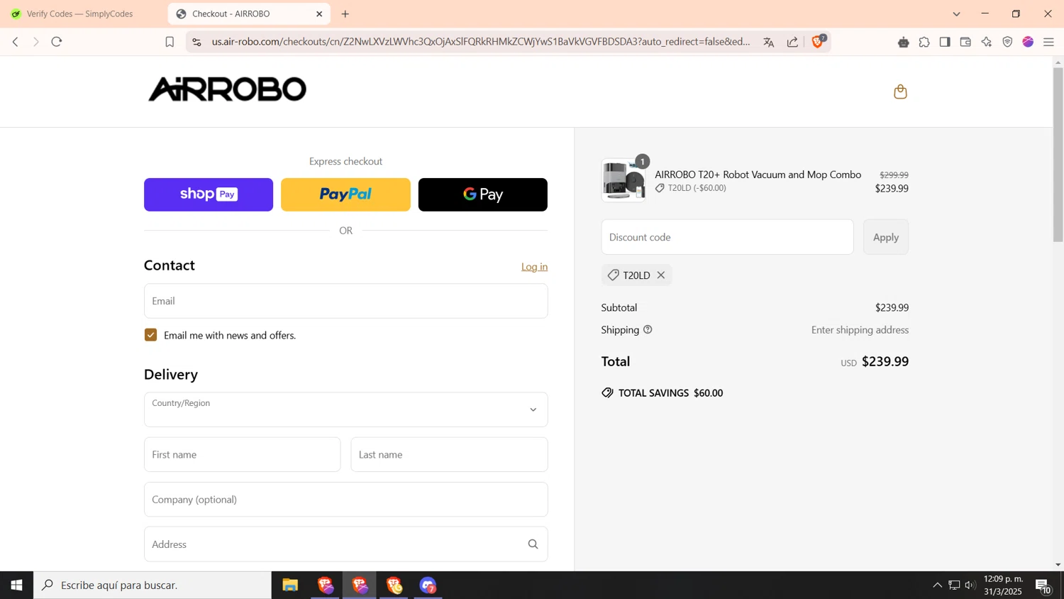AIRROBO promo code screenshot showing code T20LD applied at AIRROBO checkout page. Uploaded by SimplyCodes community member AnthonyGTX on Mar 31, 2025