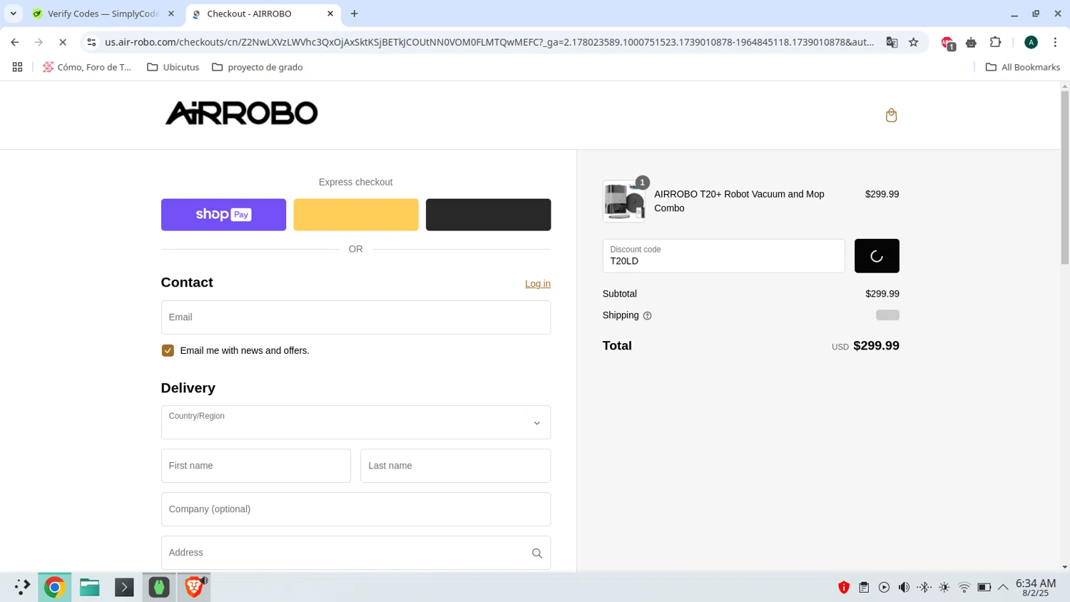 AIRROBO promo code screenshot showing code T20LD applied at AIRROBO checkout page. Uploaded by SimplyCodes community member admeneses on Feb 8, 2025