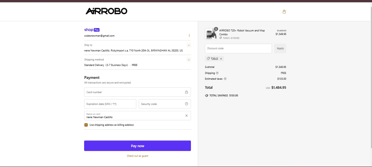 AIRROBO promo code screenshot showing code T20LD applied at AIRROBO checkout page. Uploaded by SimplyCodes community member QuestSeeker7732 on Jan 10, 2025