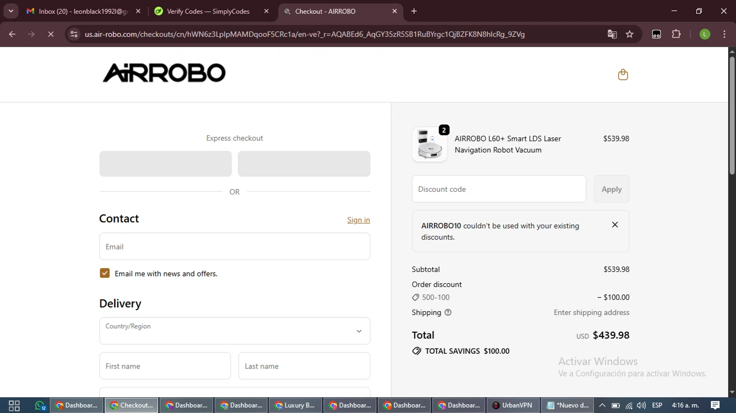 AIRROBO promo code screenshot showing code Airrobo10 applied at AIRROBO checkout page. Uploaded by SimplyCodes community member CleverFalcon7682 on Dec 29, 2025
