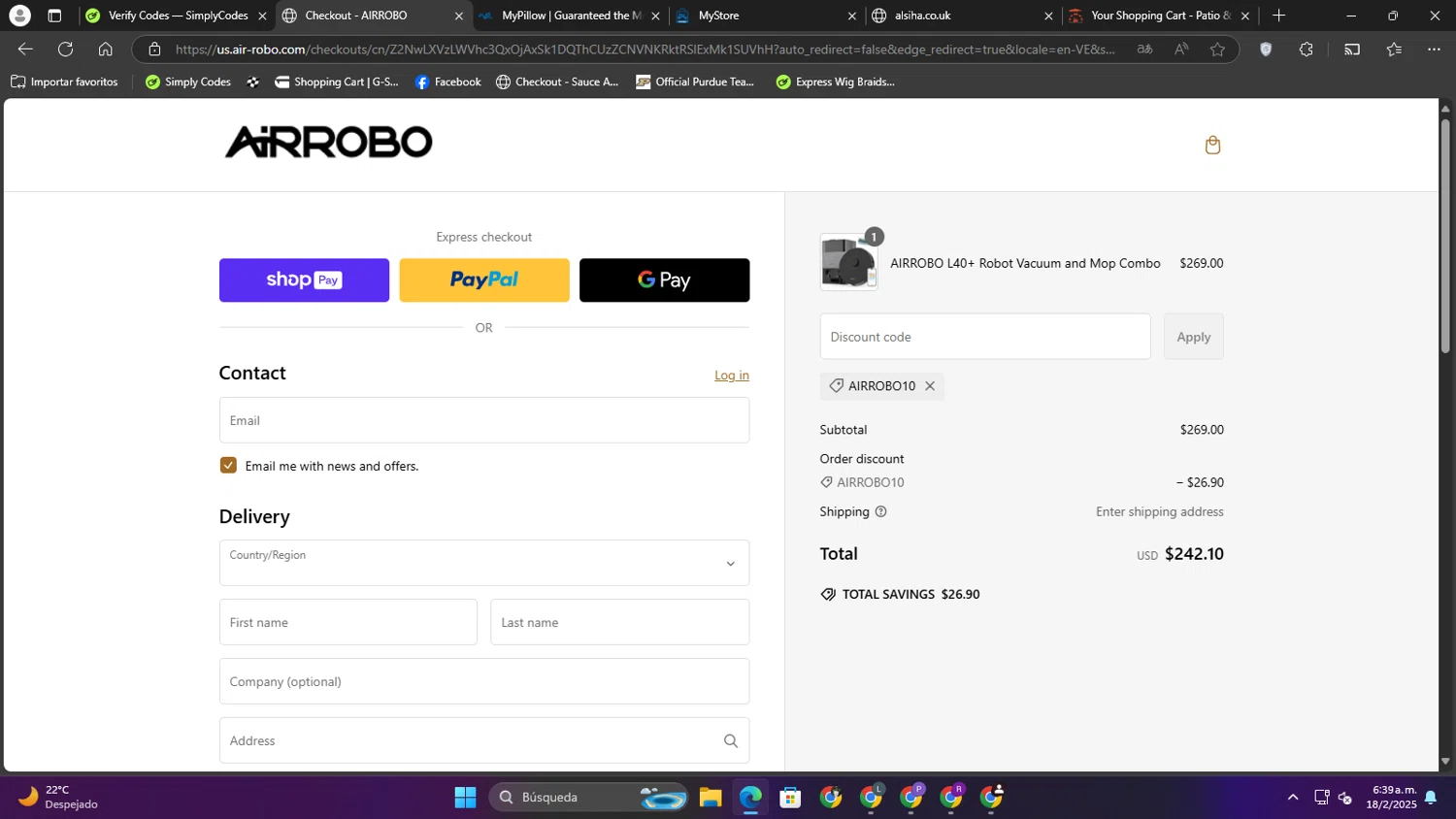 AIRROBO promo code screenshot showing code Airrobo10 applied at AIRROBO checkout page. Uploaded by SimplyCodes community member nahhhh on Feb 18, 2025