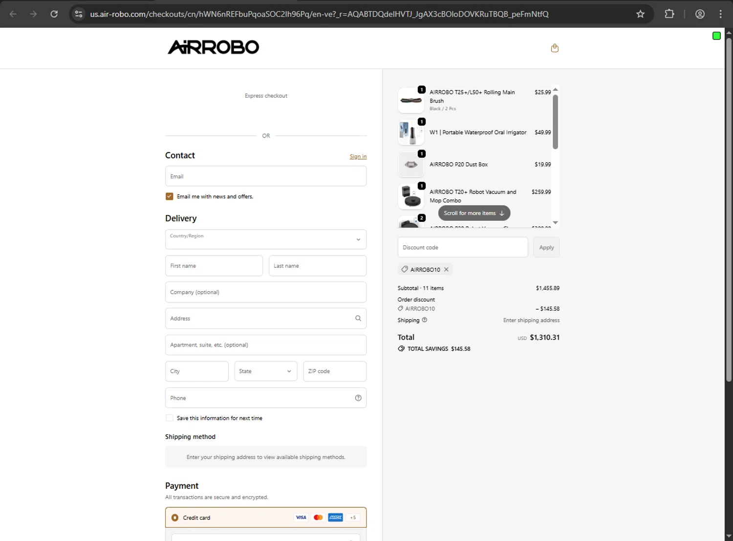 AIRROBO promo code screenshot showing code Airrobo10 applied at AIRROBO checkout page. Uploaded by SimplyCodes community member zzzzzzza on Dec 24, 2025