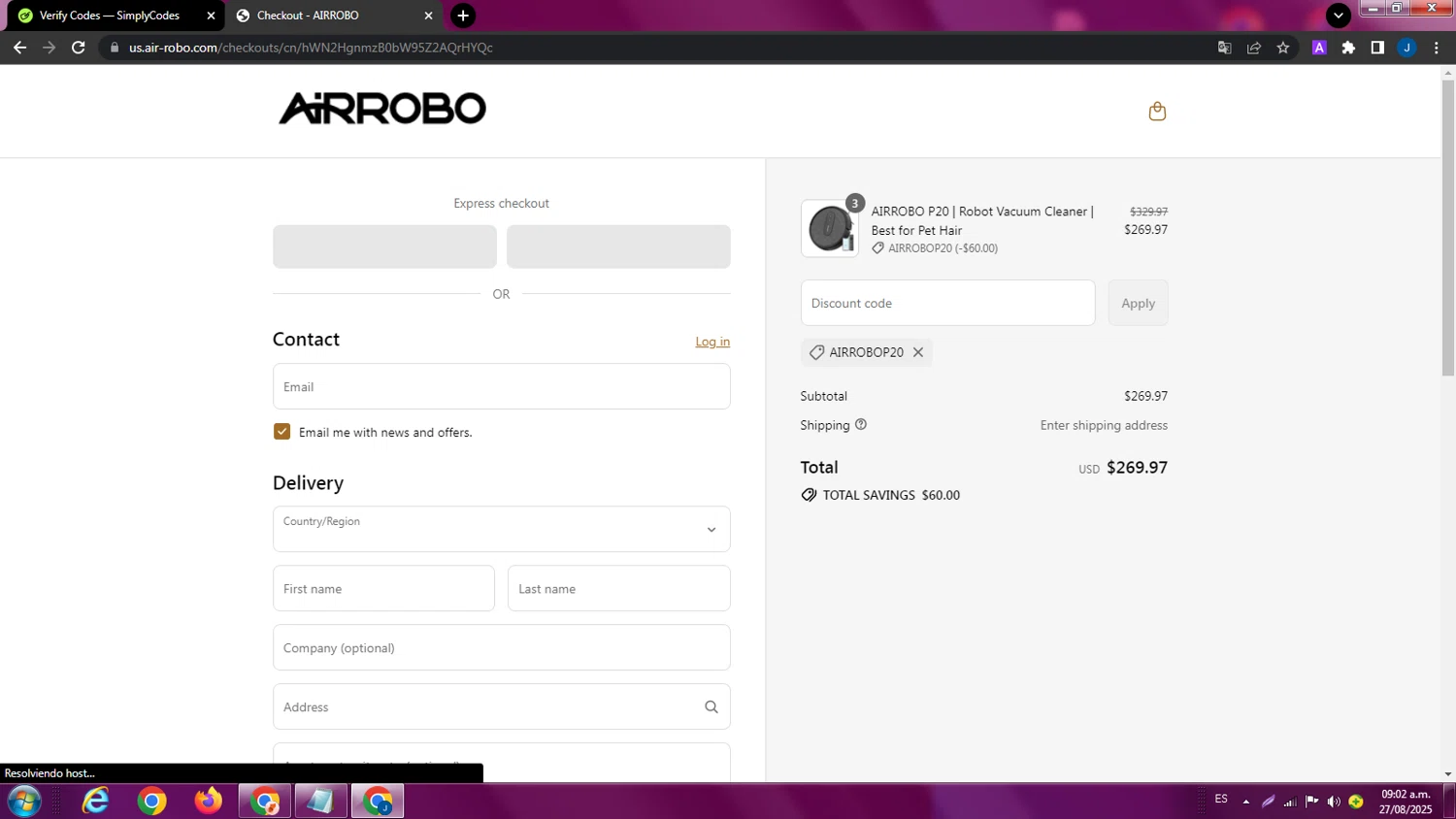 AIRROBO promo code screenshot showing code AIRROBOP20 applied at AIRROBO checkout page. Uploaded by SimplyCodes community member ExtraordinaryPhoenix9295 on Aug 27, 2025