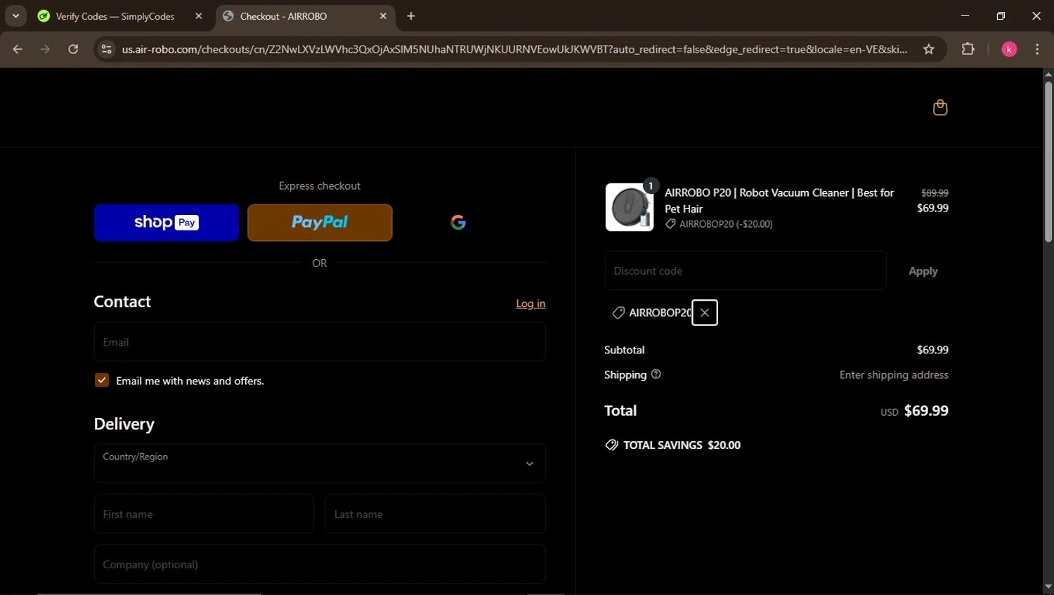 AIRROBO promo code screenshot showing code AIRROBOP20 applied at AIRROBO checkout page. Uploaded by SimplyCodes community member ValiantElite2270 on Apr 20, 2025