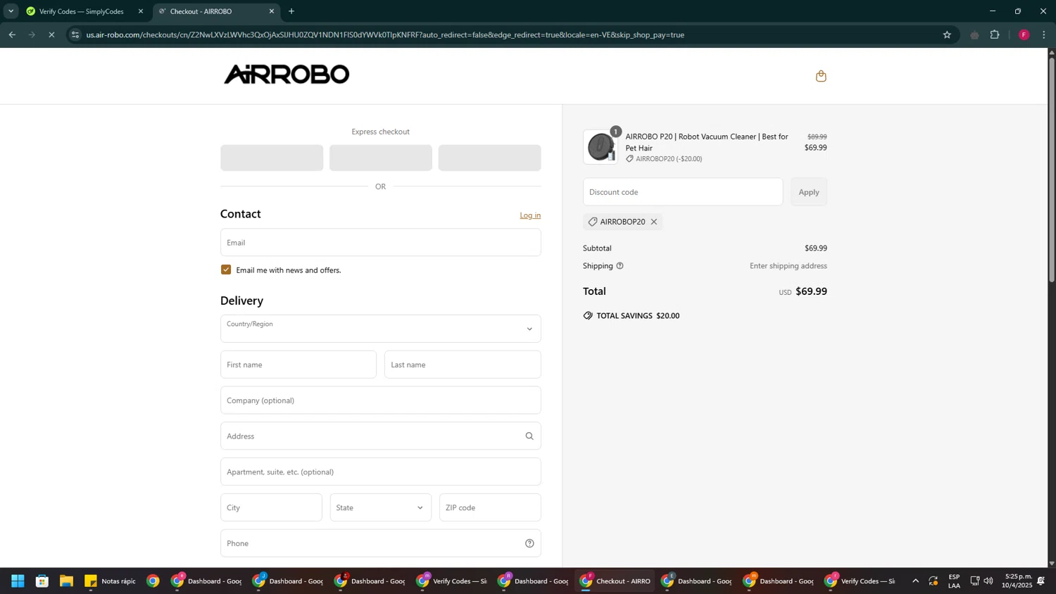 AIRROBO promo code screenshot showing code AIRROBOP20 applied at AIRROBO checkout page. Uploaded by SimplyCodes community member ExtraordinaryVirtuoso281 on Apr 10, 2025