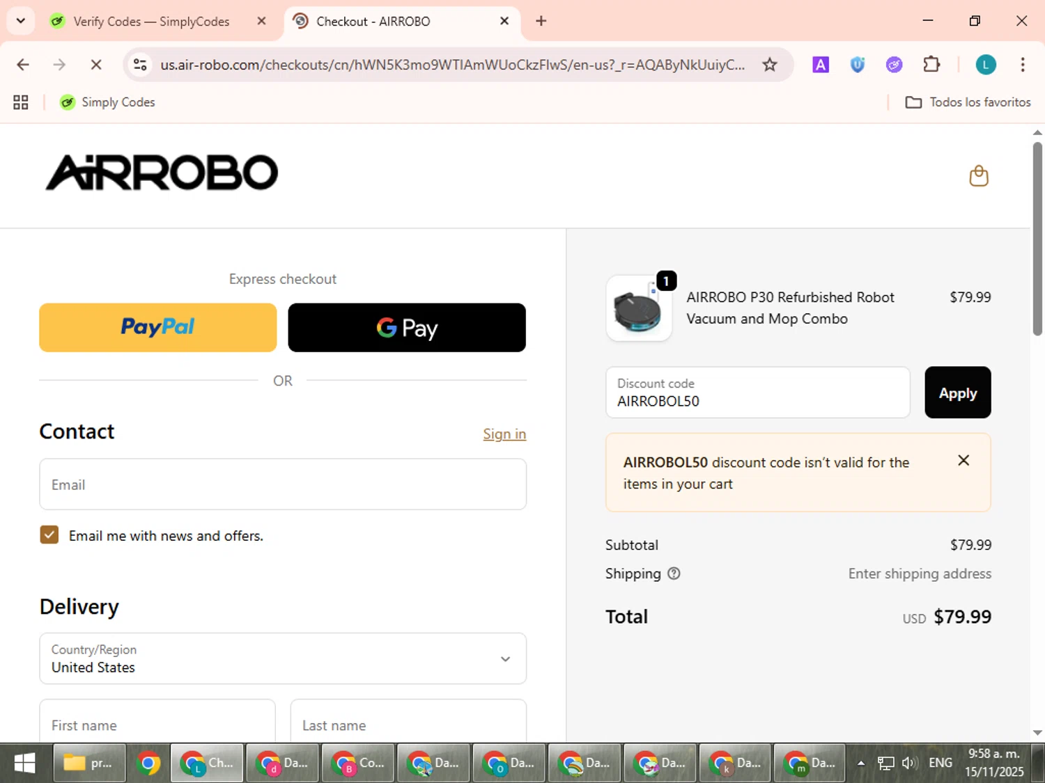 AIRROBO promo code screenshot showing code AIRROBOL50 applied at AIRROBO checkout page. Uploaded by SimplyCodes community member LuckyLegend792 on Nov 15, 2025