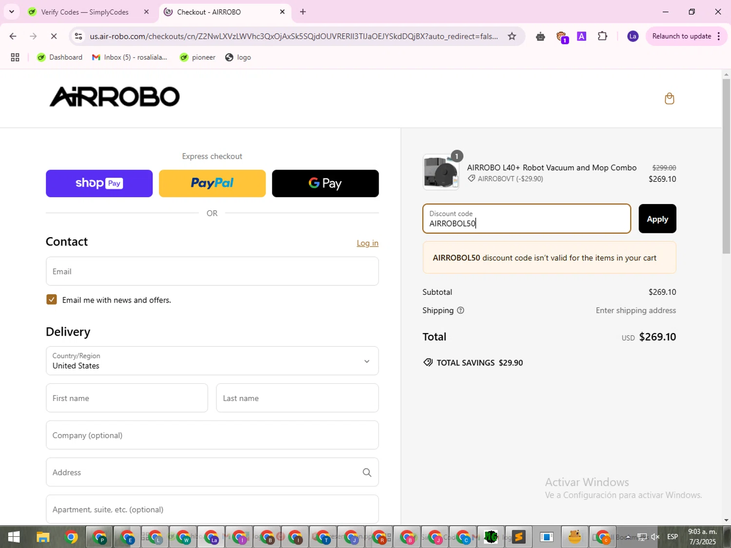 AIRROBO promo code screenshot showing code AIRROBOL50 applied at AIRROBO checkout page. Uploaded by SimplyCodes community member VictoriousSentinel1514 on Mar 7, 2025