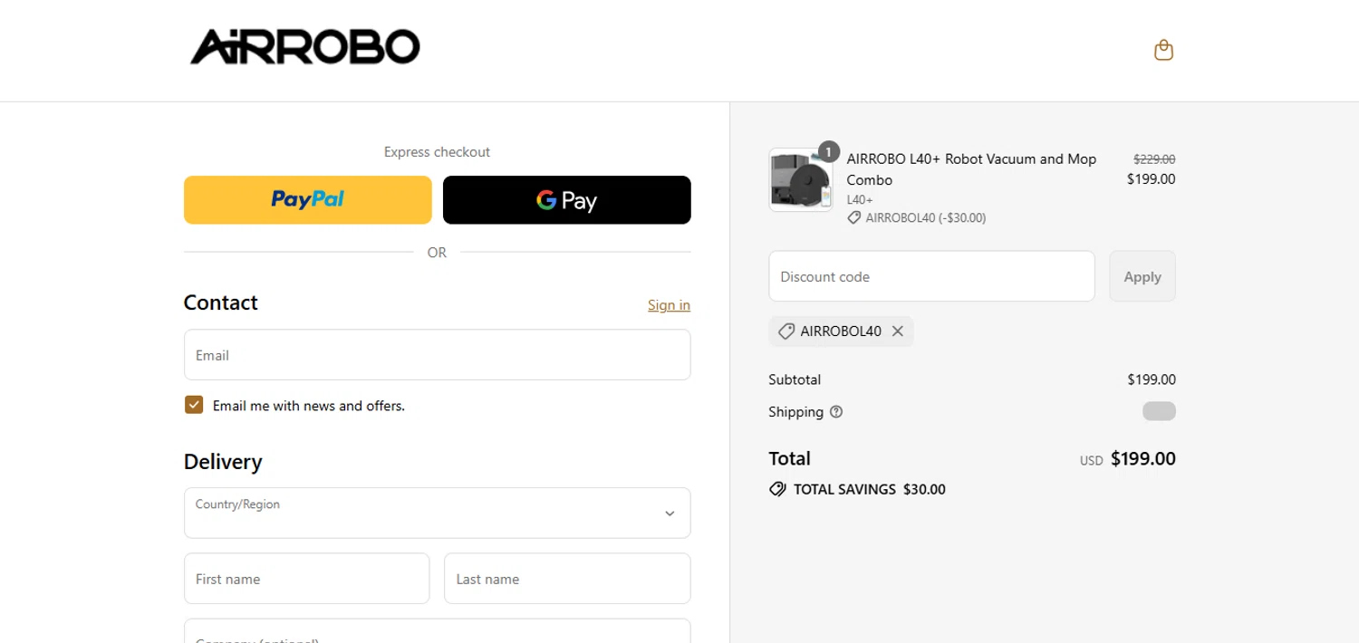 AIRROBO promo code screenshot showing code AIRROBOL40 applied at AIRROBO checkout page. Uploaded by SimplyCodes community member juanisaac on Sep 14, 2025