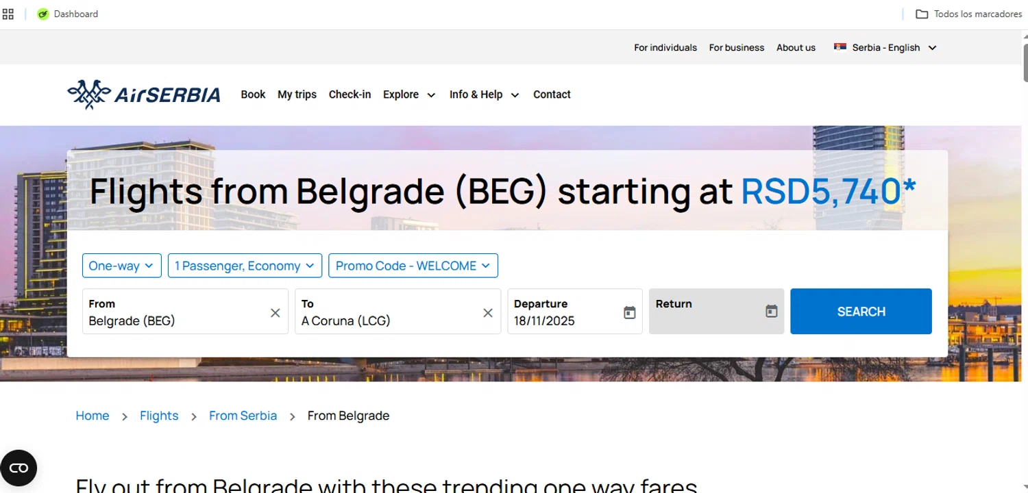 Airserbia promo code screenshot showing code WELCOME applied at Airserbia checkout page. Uploaded by SimplyCodes community member Speedy on Sep 24, 2025