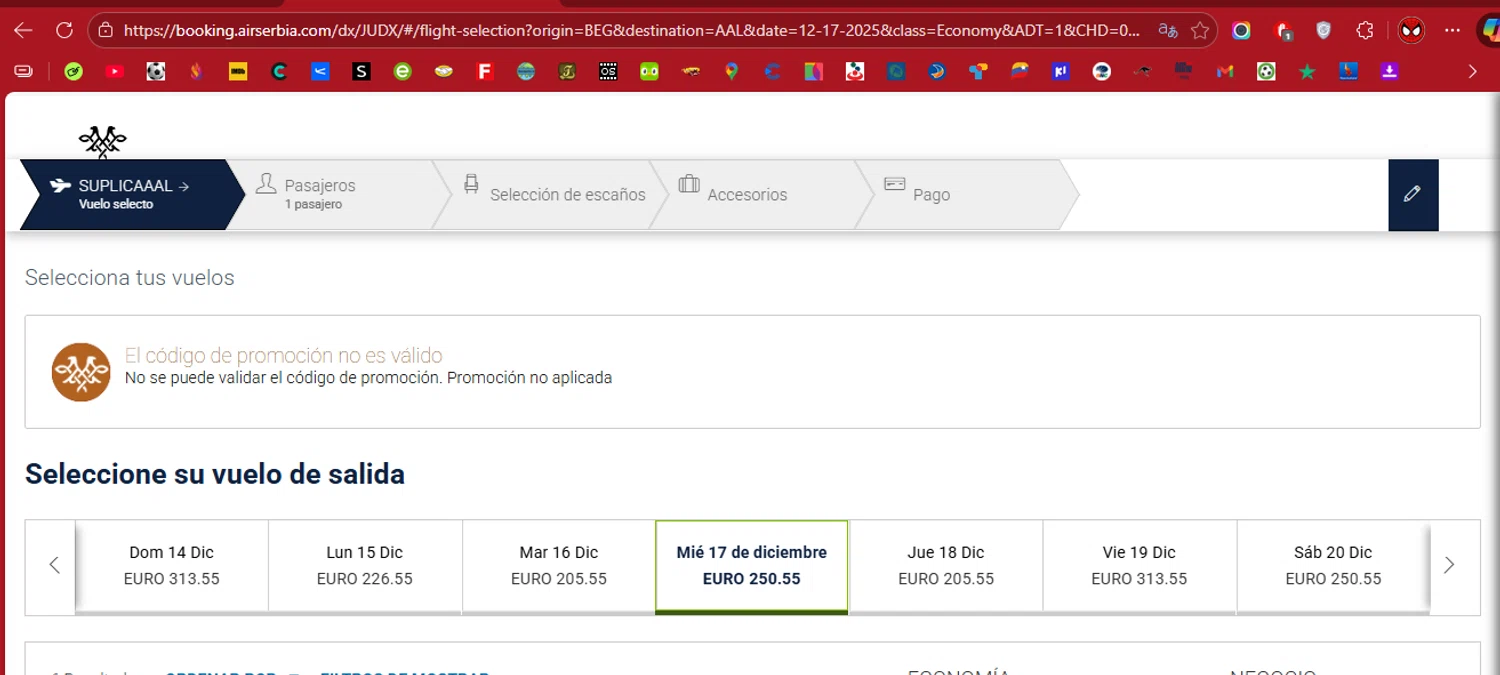 Airserbia promo code screenshot showing code airserbia20 applied at Airserbia checkout page. Uploaded by SimplyCodes community member CleverWhiz2265 on Dec 12, 2025