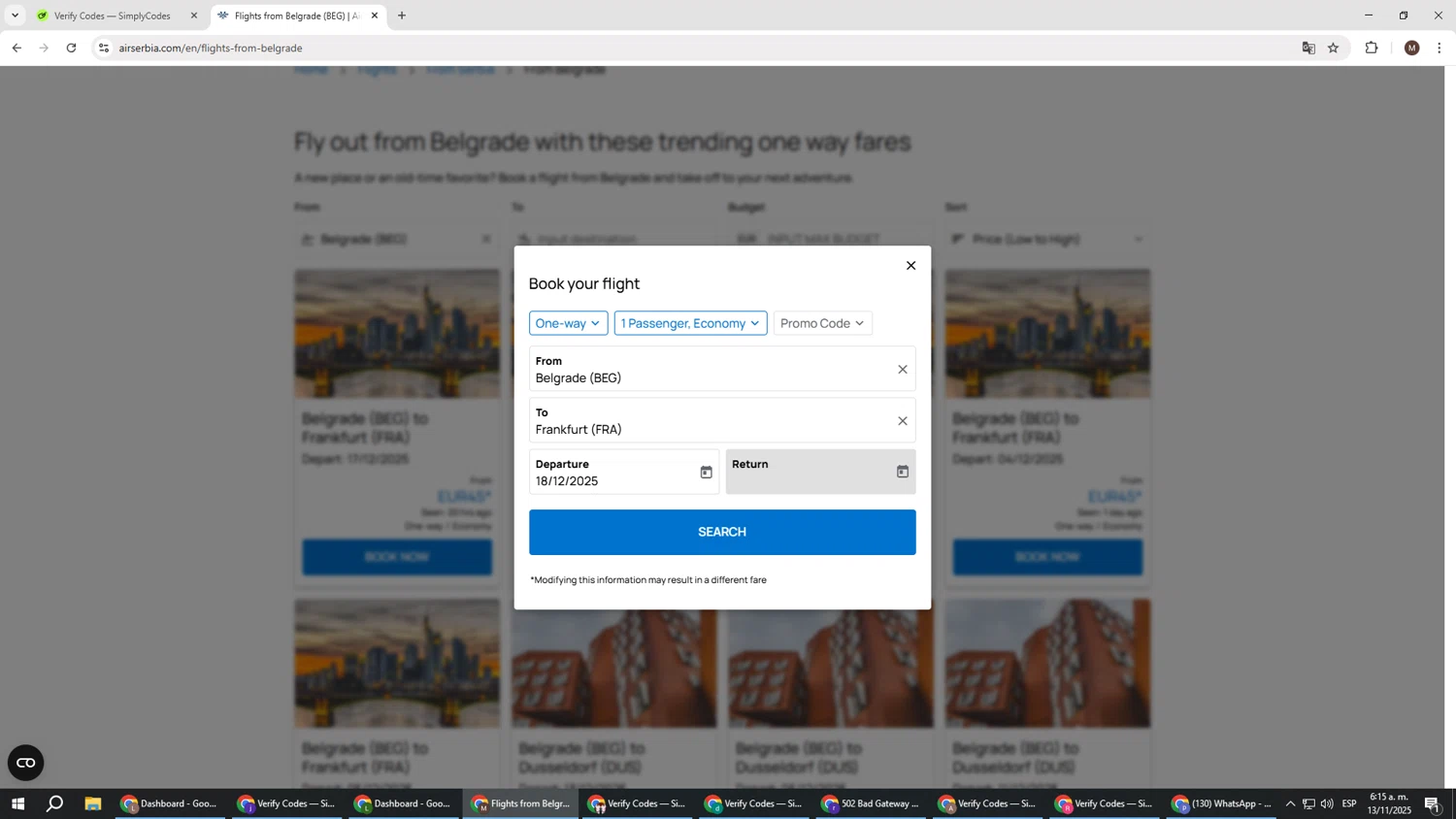Airserbia checkout page showing Airserbia promo code box | Screenshot taken by SimplyCodes community member on Nov 13, 2025