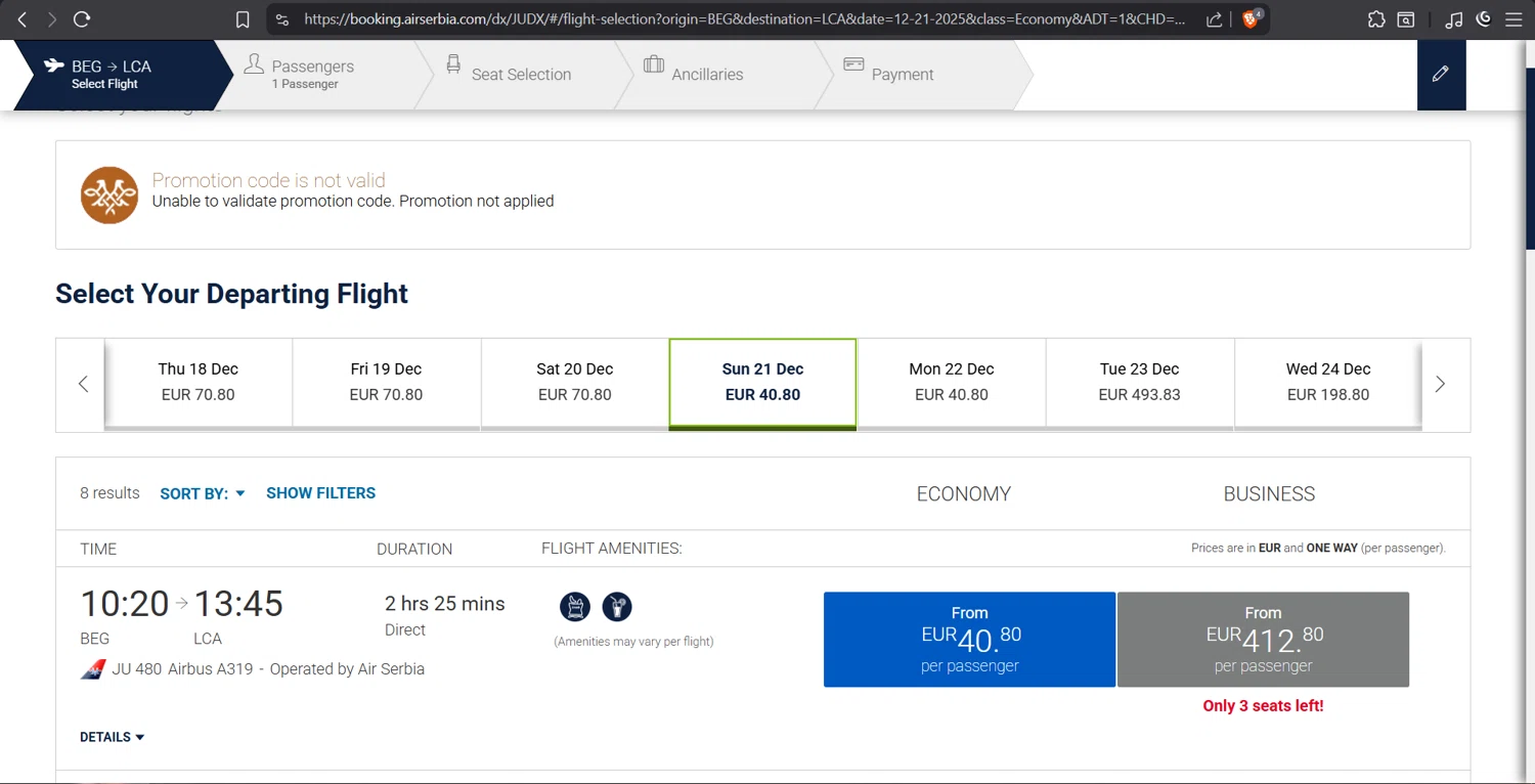 Airserbia promo code screenshot showing code airserbia20 applied at Airserbia checkout page. Uploaded by SimplyCodes community member juanvargas1 on Dec 12, 2025