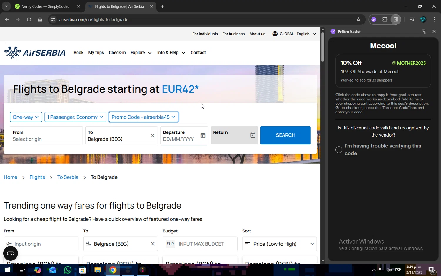 Airserbia checkout page showing Airserbia promo code box | Screenshot taken by SimplyCodes community member on Nov 3, 2025