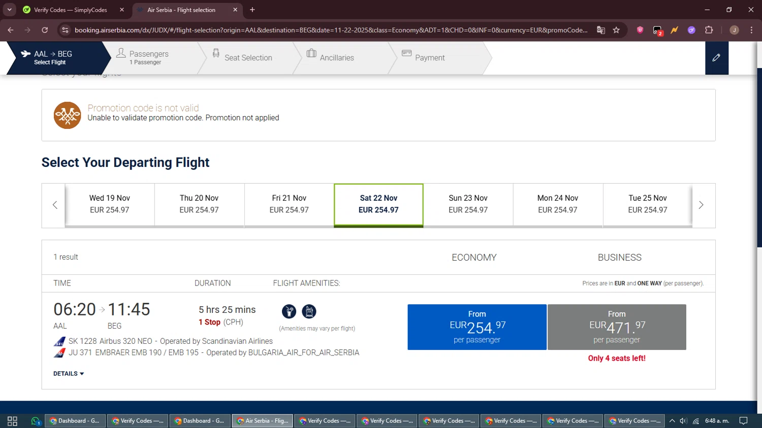 Airserbia checkout page showing Airserbia promo code box | Screenshot taken by SimplyCodes community member on Nov 13, 2025