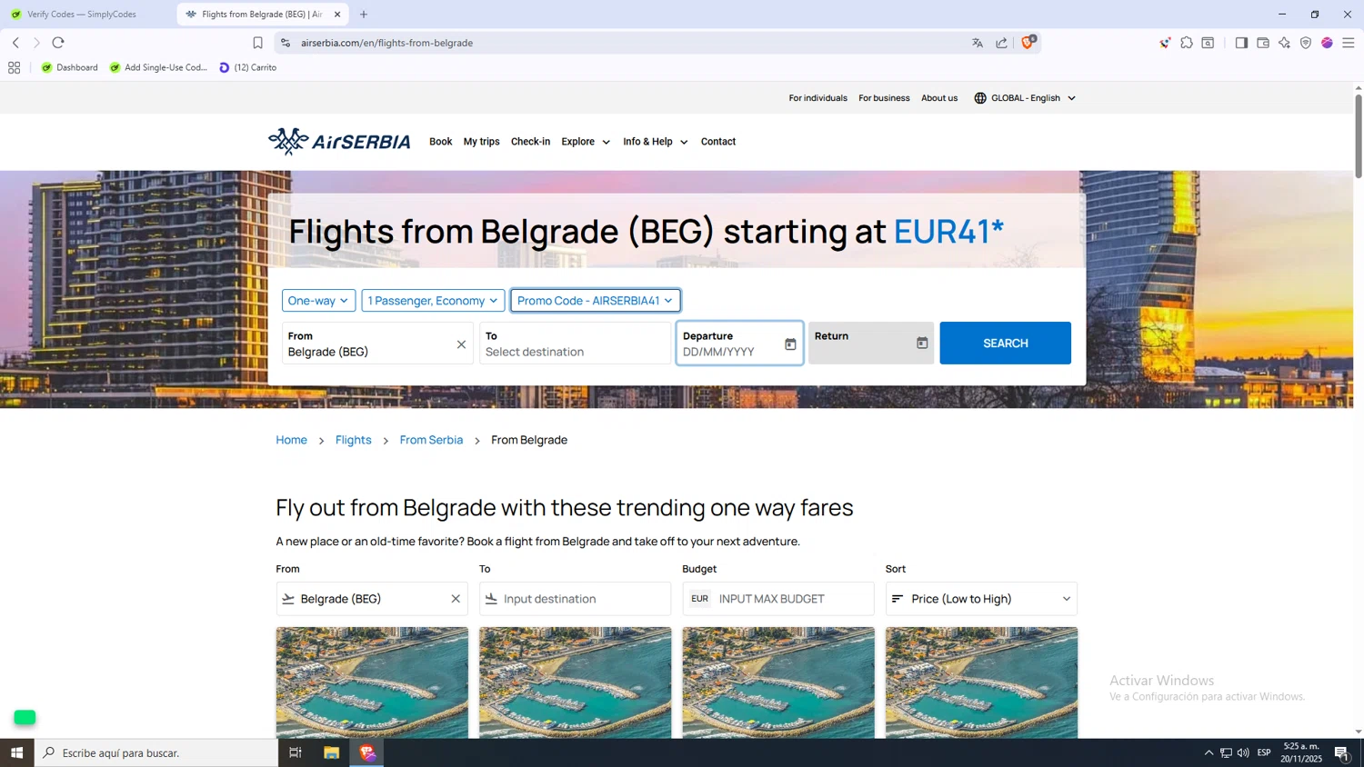 Airserbia promo code screenshot showing code AIRSERBIA41 applied at Airserbia checkout page. Uploaded by SimplyCodes community member NARUTO_UZUMAKIsx on Nov 20, 2025