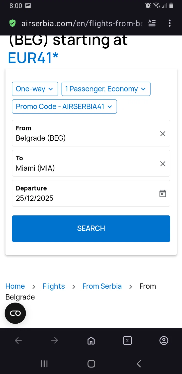 Airserbia promo code screenshot showing code AIRSERBIA41 applied at Airserbia checkout page. Uploaded by SimplyCodes community member billgates0997923425561 on Dec 19, 2025
