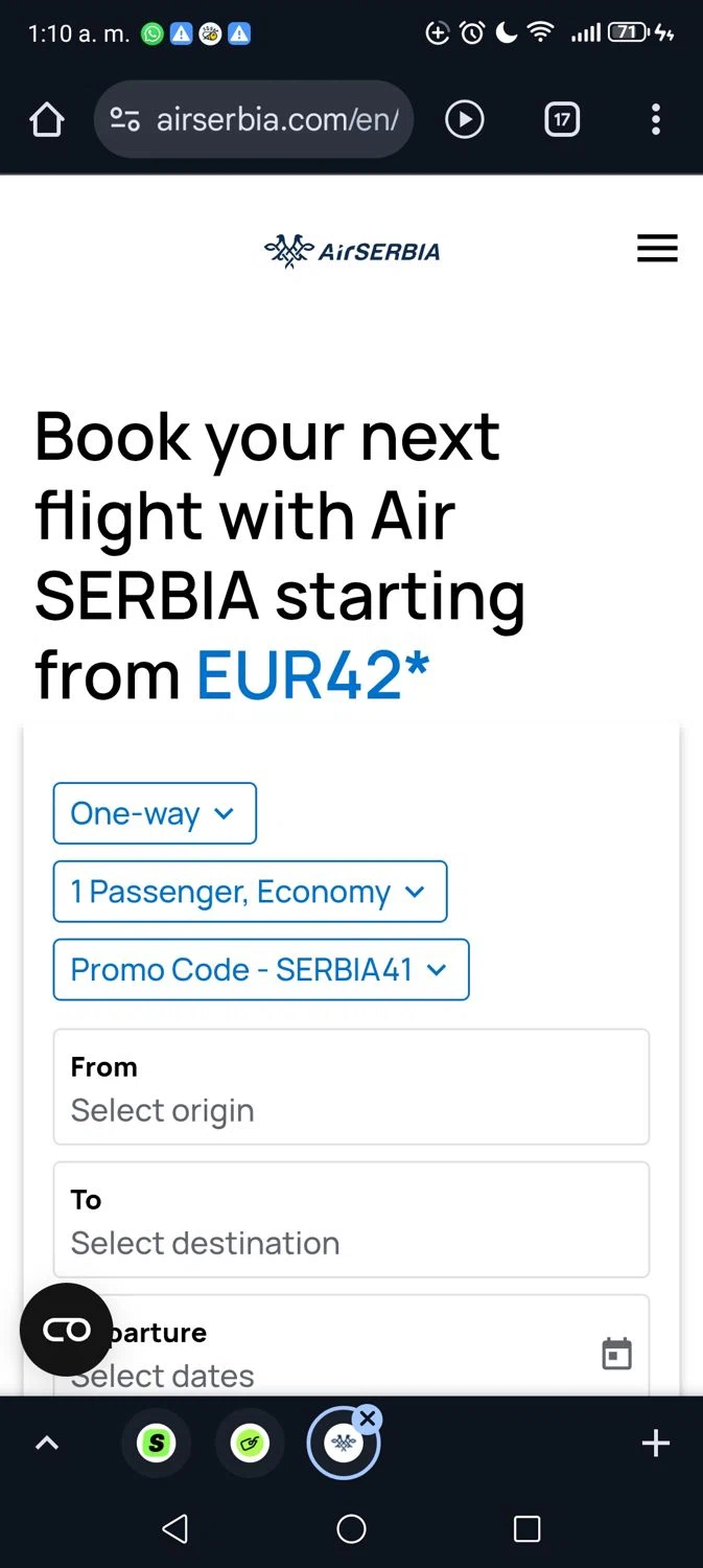 Airserbia promo code screenshot showing code SERBIA41 applied at Airserbia checkout page. Uploaded by SimplyCodes community member George09 on Dec 26, 2025