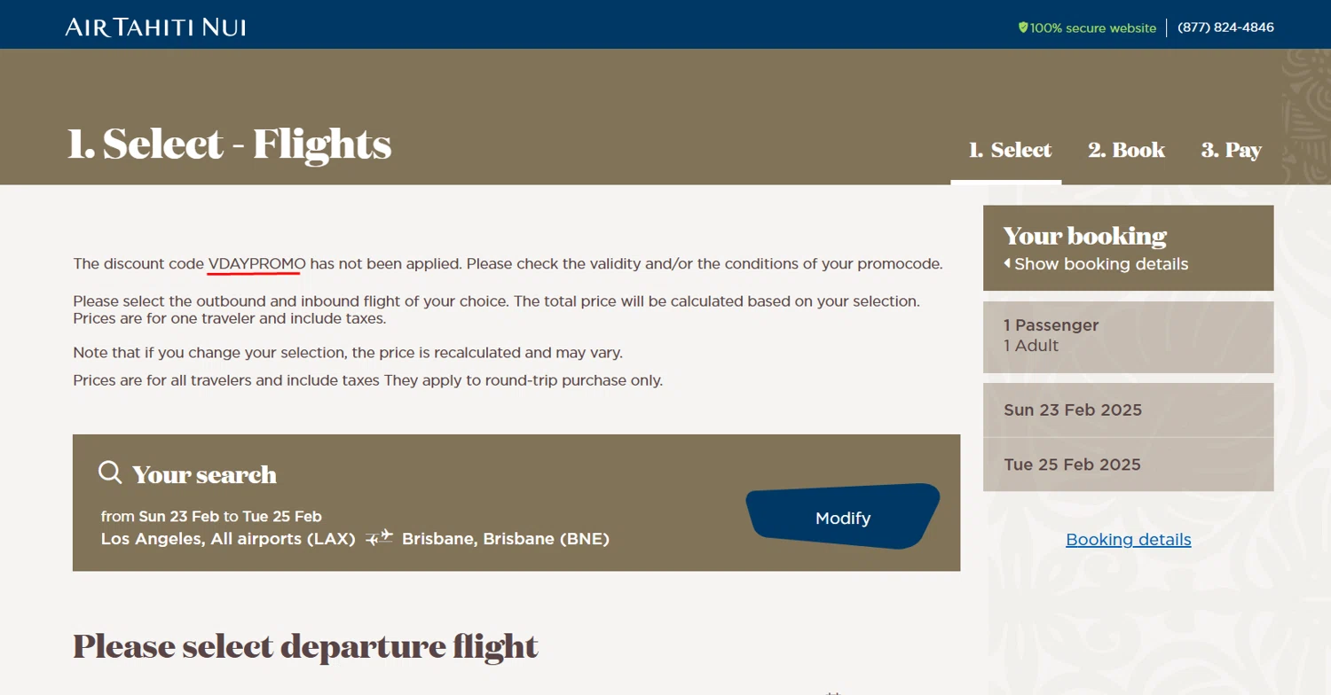 Air Tahiti Nui promo code screenshot showing code VDAYPROMO applied at Air Tahiti Nui checkout page. Uploaded by SimplyCodes community member berdetweet on Feb 19, 2025