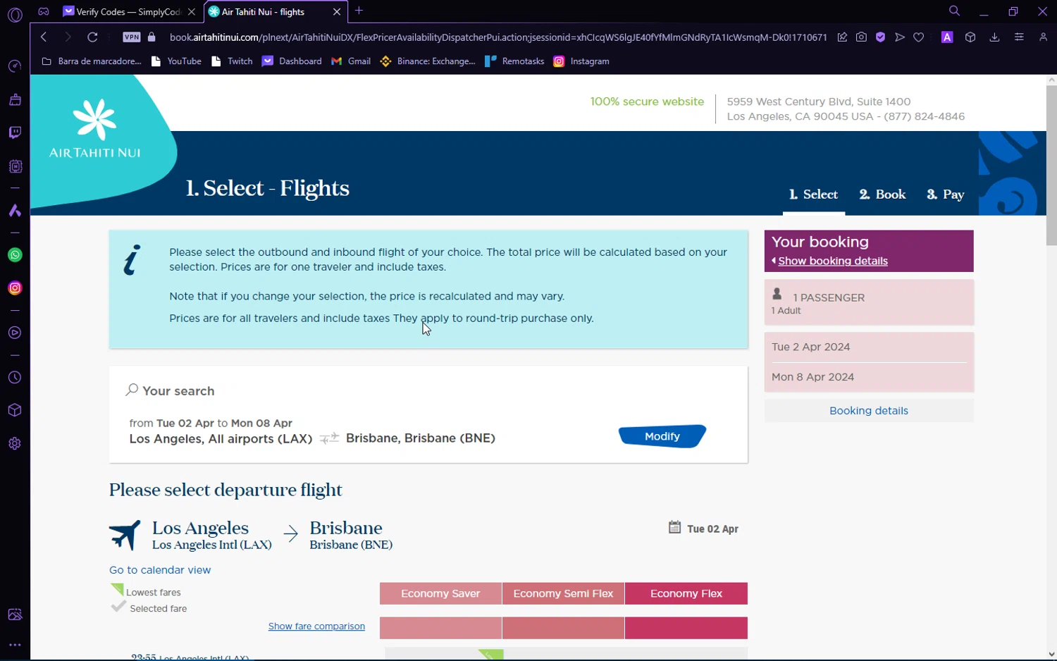 Air Tahiti Nui checkout page showing Air Tahiti Nui promo code box | Screenshot taken by SimplyCodes community member on Mar 17, 2024