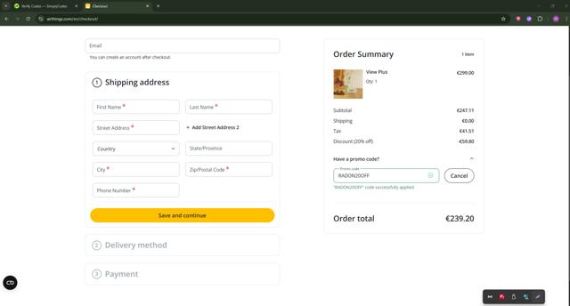 Airthings checkout page showing Airthings promo code box | Screenshot taken by SimplyCodes community member on Aug 21, 2025