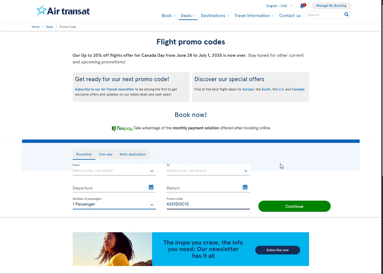 Air Transat checkout page showing Air Transat promo code box | Screenshot taken by SimplyCodes community member on Jul 24, 2025