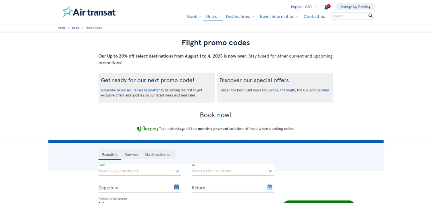 Air Transat checkout page showing Air Transat promo code box | Screenshot taken by SimplyCodes community member on Aug 8, 2025