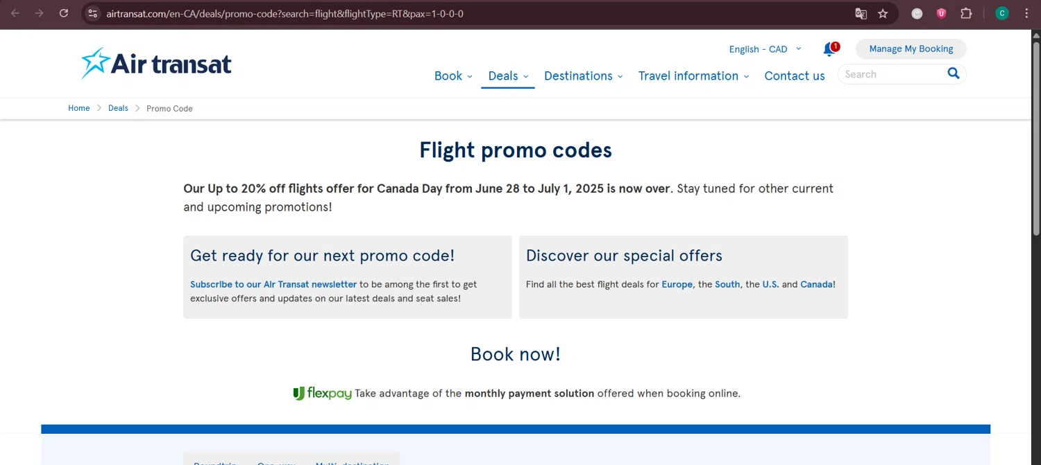 Air Transat promo code screenshot showing code 9VSPBQC15 applied at Air Transat checkout page. Uploaded by SimplyCodes community member Negritoo on Jul 9, 2025
