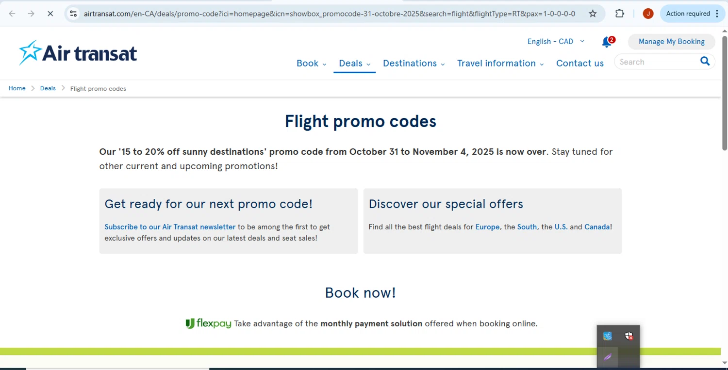 Air Transat promo code screenshot showing code MIW9LCA15 applied at Air Transat checkout page. Uploaded by SimplyCodes community member Fabio05 on Nov 24, 2025