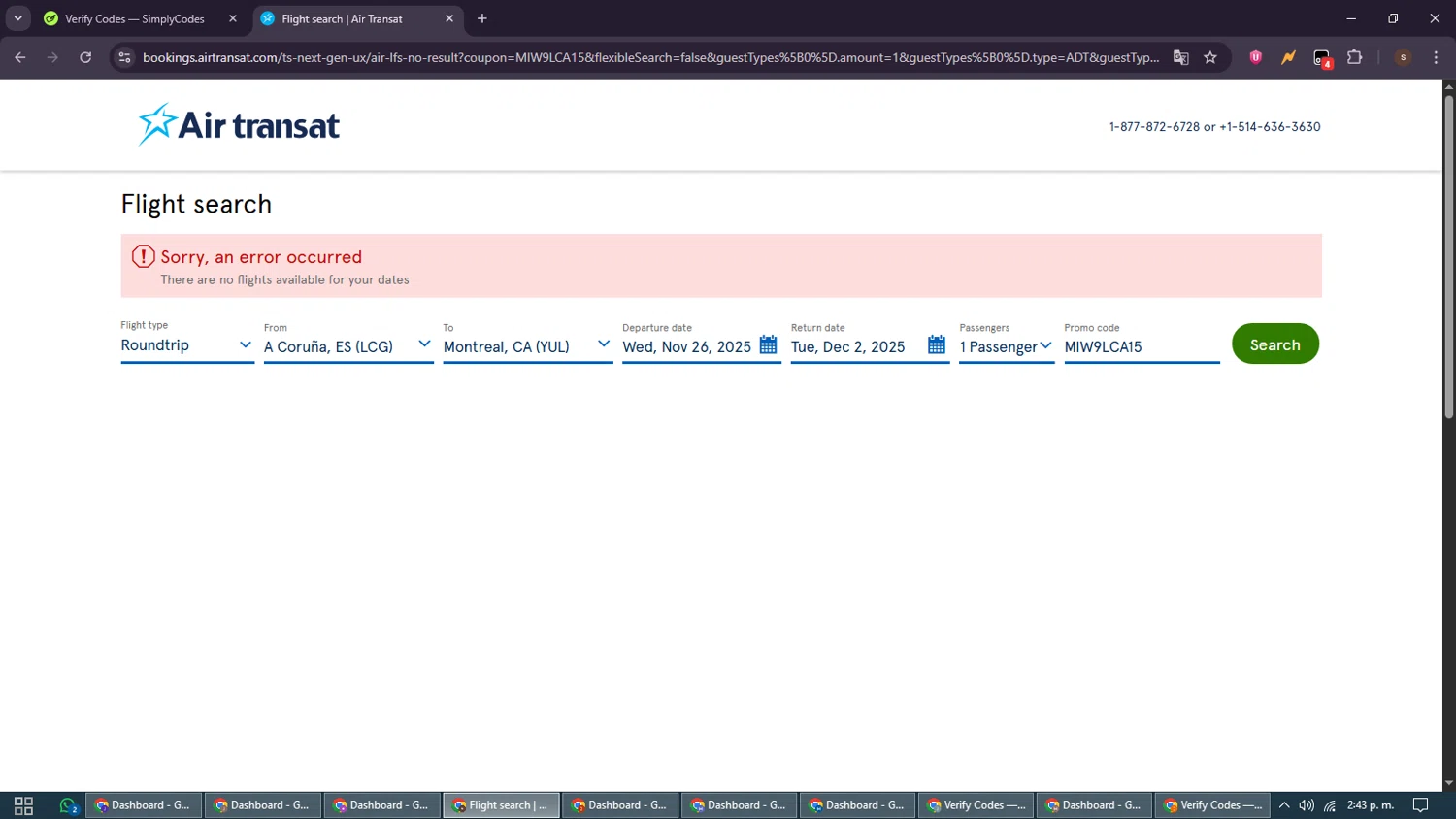 Air Transat promo code screenshot showing code MIW9LCA15 applied at Air Transat checkout page. Uploaded by SimplyCodes community member GoldSentinel1426 on Nov 24, 2025
