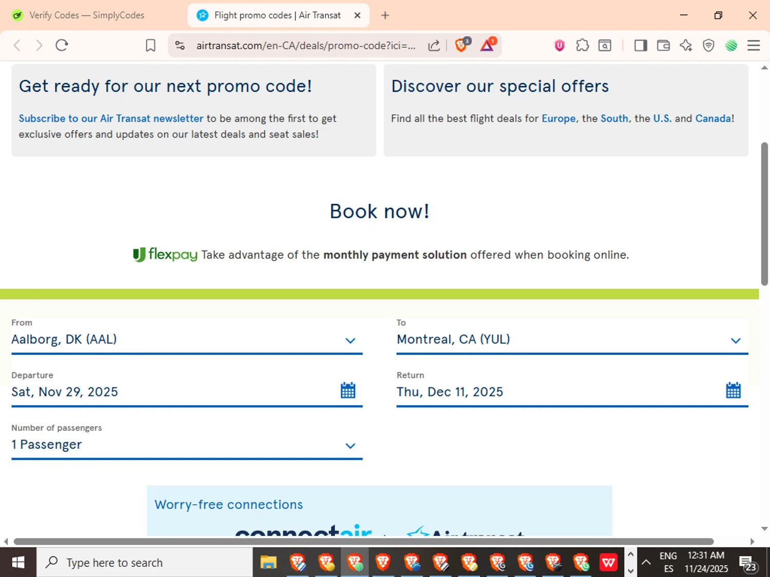 Air Transat promo code screenshot showing code 3L37CA20 applied at Air Transat checkout page. Uploaded by SimplyCodes community member SwiftMaverick5973 on Nov 24, 2025