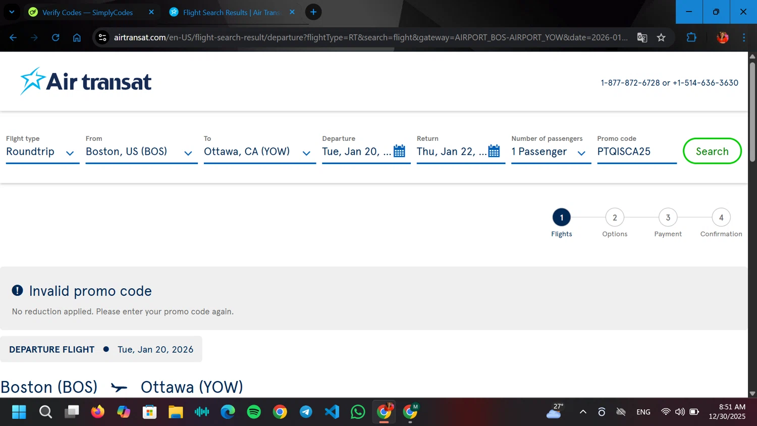 Air Transat promo code screenshot showing code PTQISCA25 applied at Air Transat checkout page. Uploaded by SimplyCodes community member ELGOAT on Dec 30, 2025