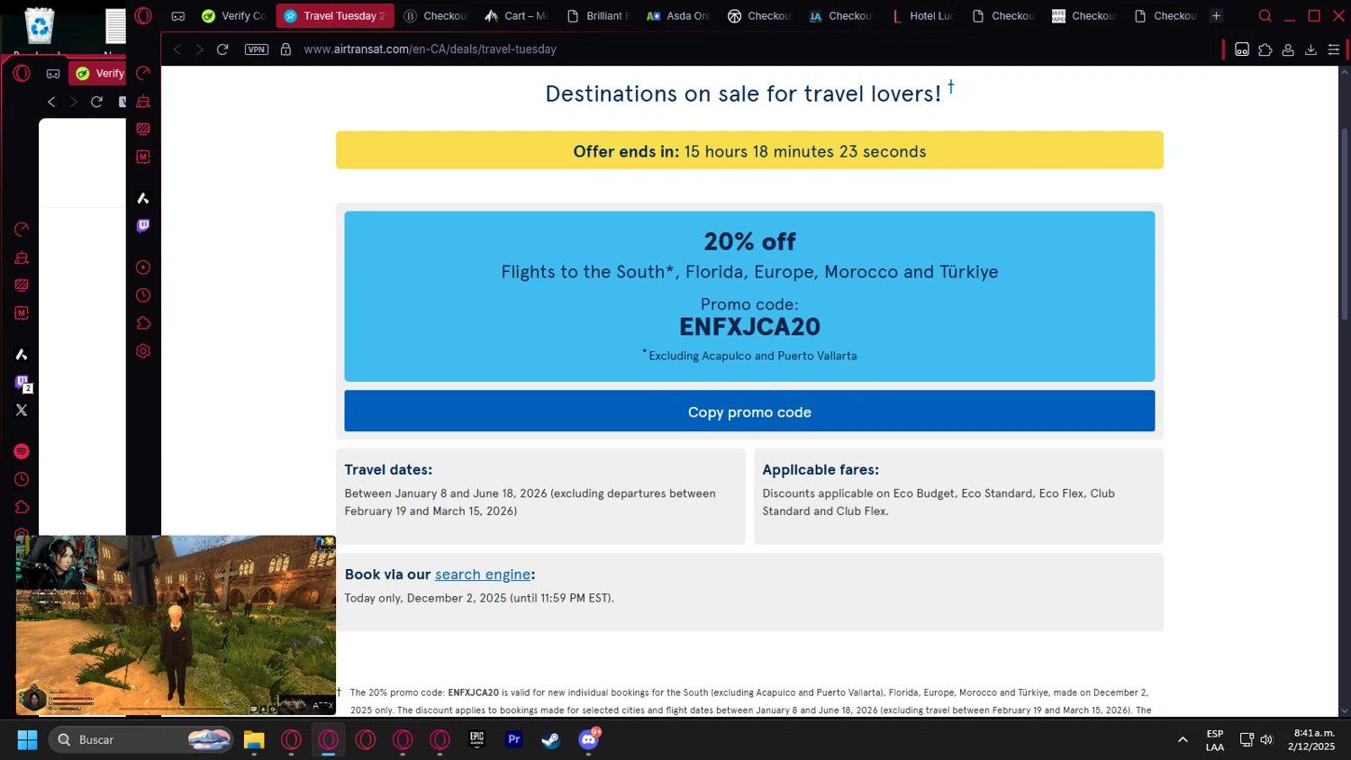 Air Transat promo code screenshot showing code ENFXJCA20 applied at Air Transat checkout page. Uploaded by SimplyCodes community member leonardocamacho2 on Dec 2, 2025