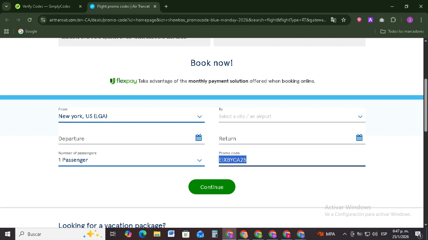 Air Transat promo code screenshot showing code EIXBYCA25 applied at Air Transat checkout page. Uploaded by SimplyCodes community member Tazbravo on Jan 25, 2026