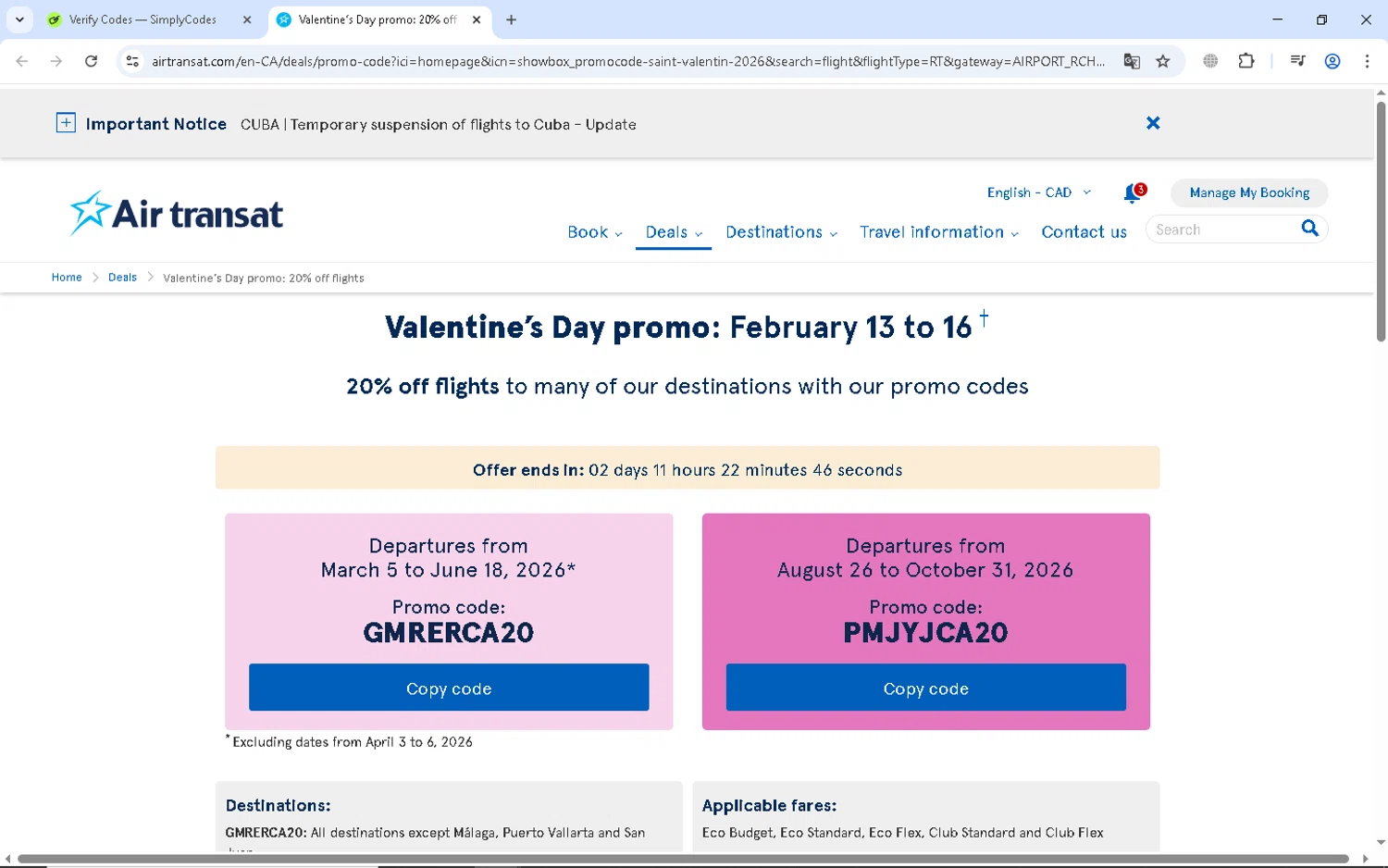 Air Transat checkout page showing Air Transat promo code box | Screenshot taken by SimplyCodes community member on Feb 14, 2026