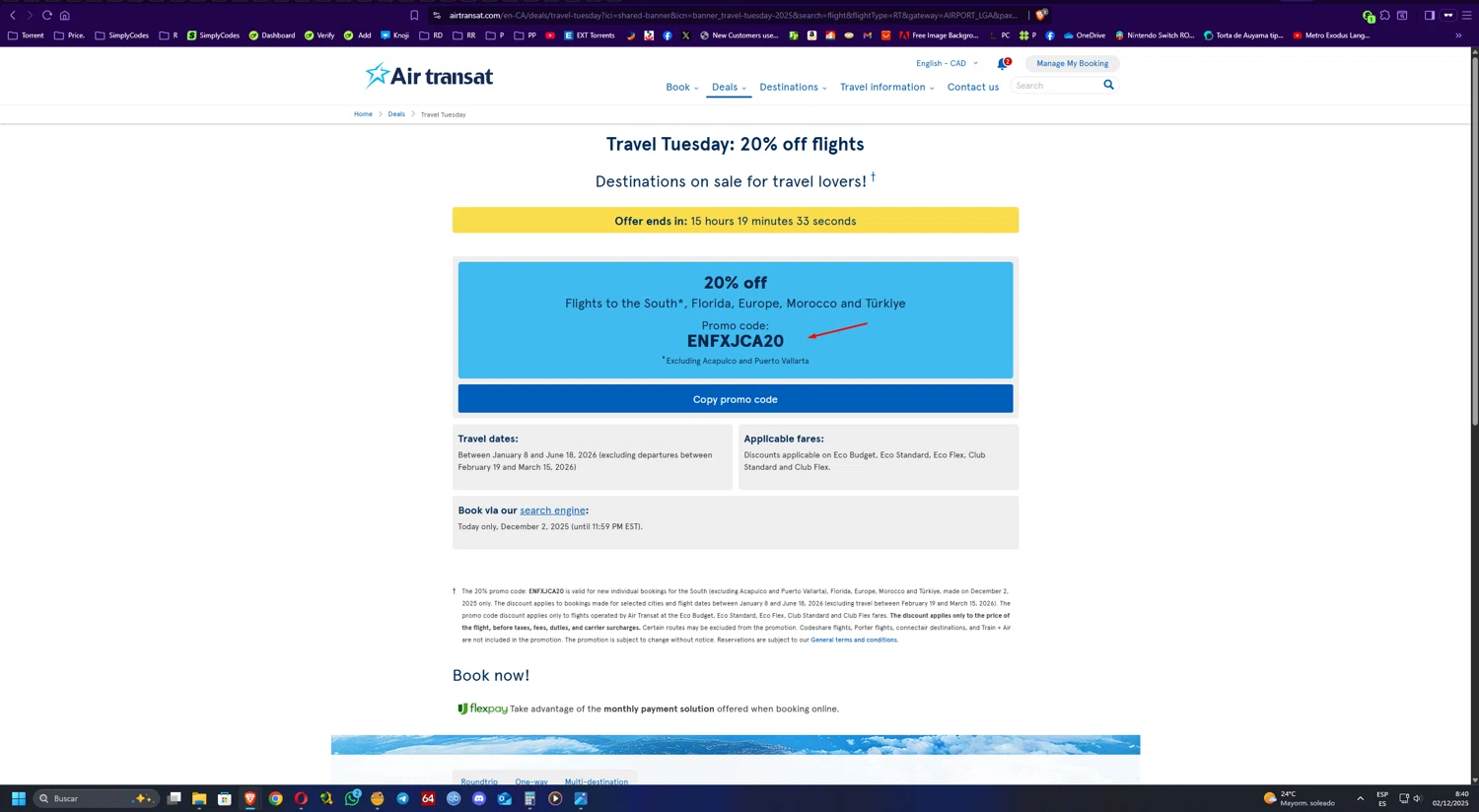 Air Transat promo code screenshot showing code ENFXJCA20 applied at Air Transat checkout page. Uploaded by SimplyCodes community member UnkNownVnzla on Dec 2, 2025