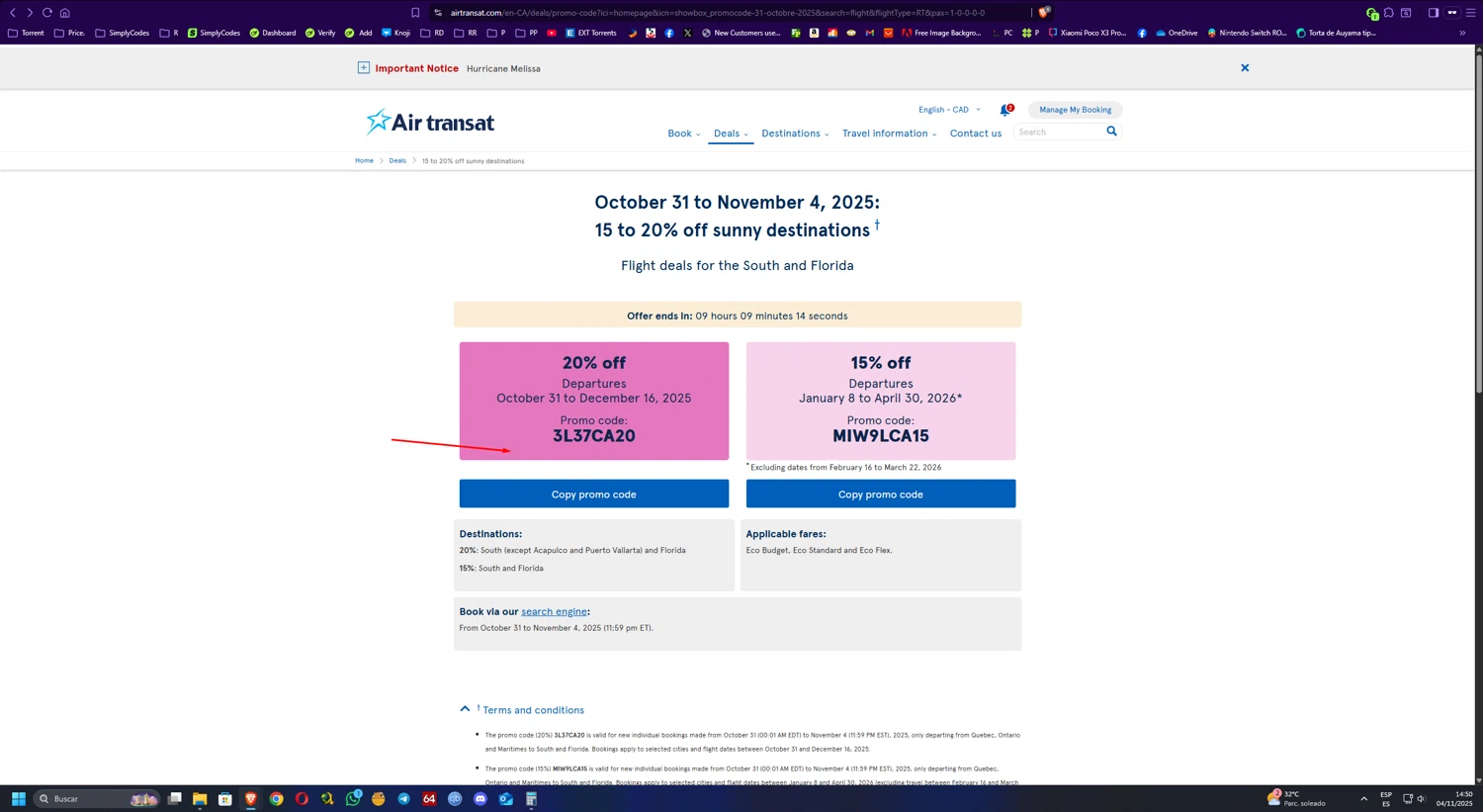 Air Transat promo code screenshot showing code 3L37CA20 applied at Air Transat checkout page. Uploaded by SimplyCodes community member UnkNownVnzla on Nov 4, 2025