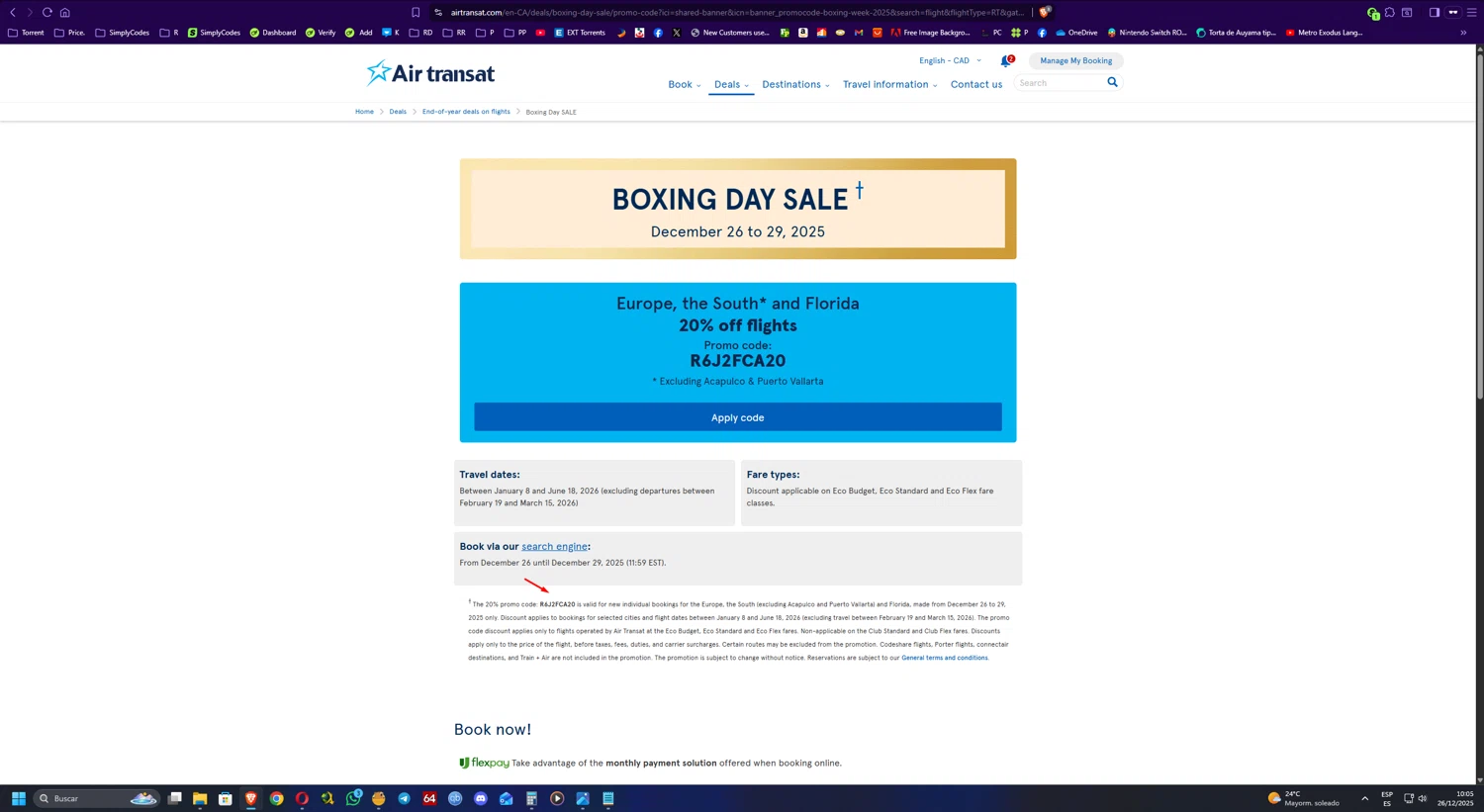 Air Transat promo code screenshot showing code R6J2FCA20 applied at Air Transat checkout page. Uploaded by SimplyCodes community member UnkNownVnzla on Dec 26, 2025