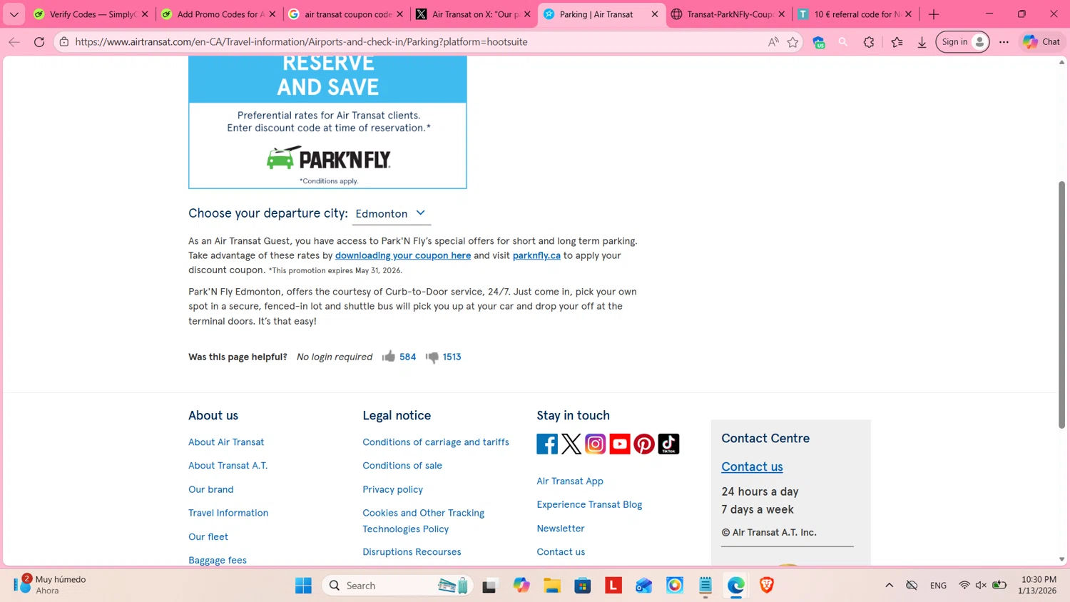 Air Transat promo code screenshot showing code 1109151 applied at Air Transat checkout page. Uploaded by SimplyCodes community member cosita on Jan 14, 2026