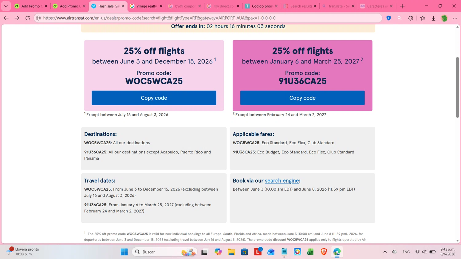 Air Transat promo code screenshot showing code 91U36CA25 applied at Air Transat checkout page. Uploaded by SimplyCodes community member cosita on Jun 9, 2026