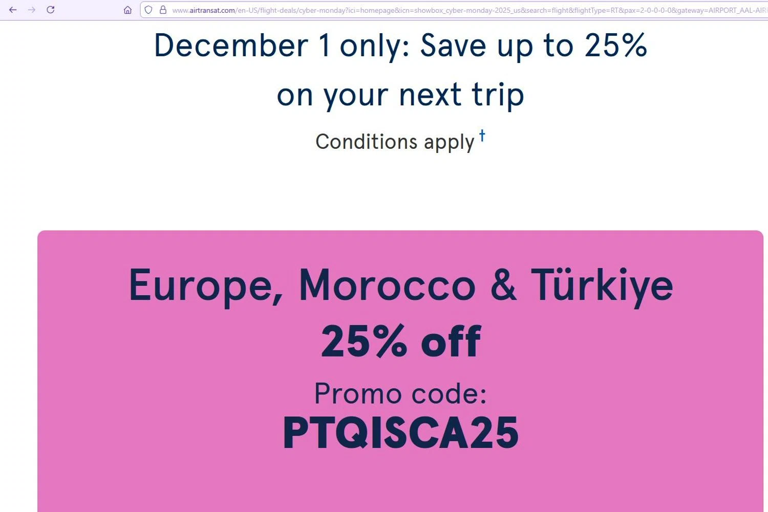 Air Transat promo code screenshot showing code PTQISCA25 applied at Air Transat checkout page. Uploaded by SimplyCodes community member stygian1 on Dec 1, 2025