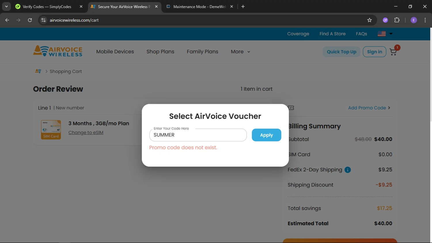 Airvoice Wireless promo code screenshot showing code SUMMER applied at Airvoice Wireless checkout page. Uploaded by SimplyCodes community member LegendaryFox9861 on Sep 26, 2025