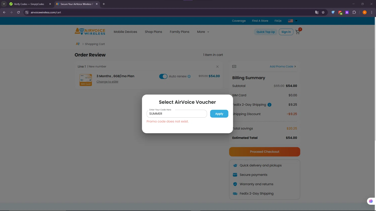 Airvoice Wireless promo code screenshot showing code SUMMER applied at Airvoice Wireless checkout page. Uploaded by SimplyCodes community member NobleScholar188 on Sep 26, 2025