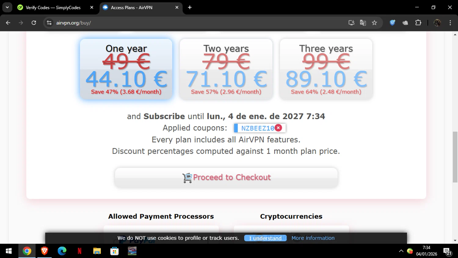 AirVPN coupon code screenshot showing code nzbeez10 applied at AirVPN checkout page. Uploaded by SimplyCodes community member ELYEYE on Jan 4, 2026