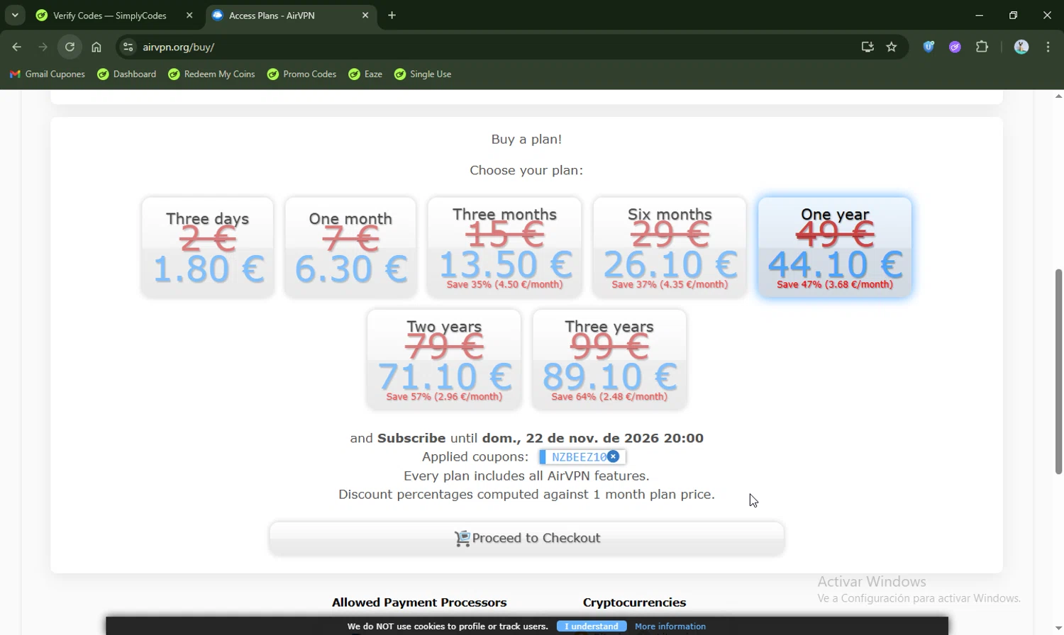 AirVPN coupon code screenshot showing code nzbeez10 applied at AirVPN checkout page. Uploaded by SimplyCodes community member LHaunter2 on Nov 23, 2025