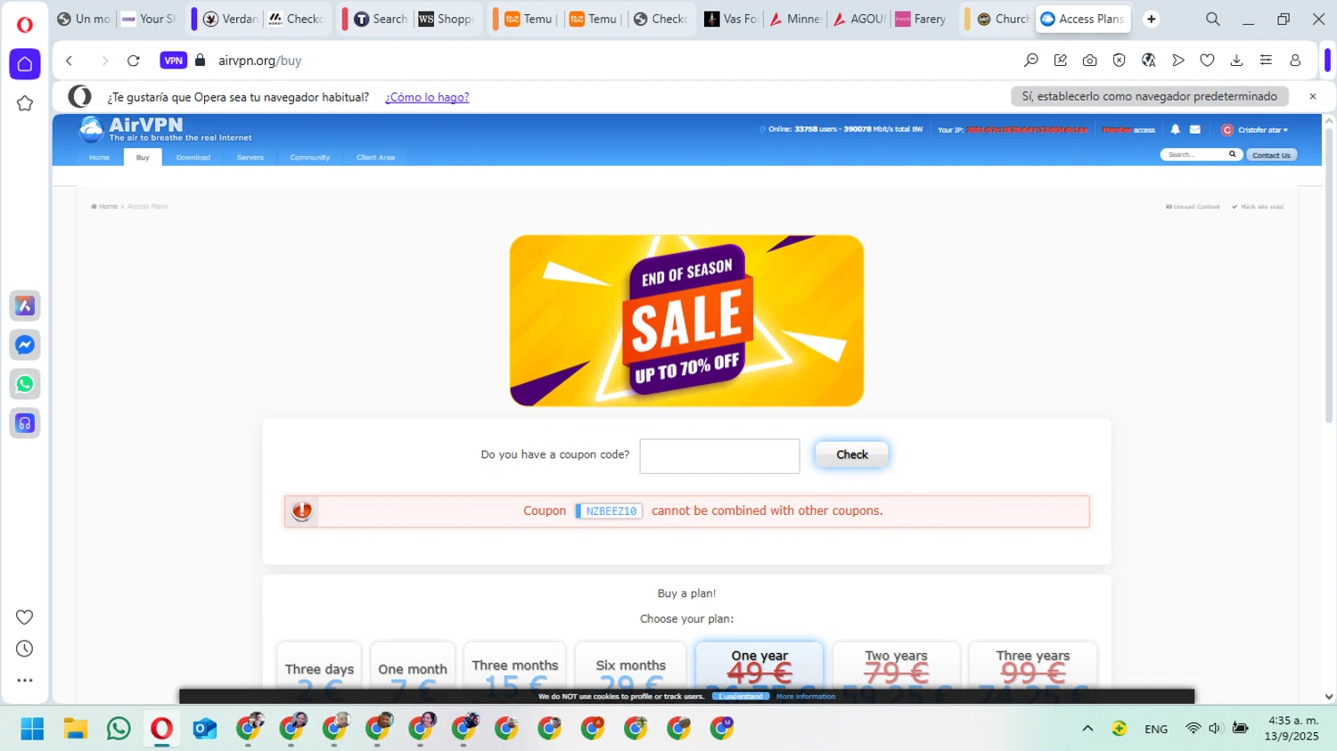 AirVPN checkout page showing AirVPN coupon code box | Screenshot taken by SimplyCodes community member on Sep 13, 2025