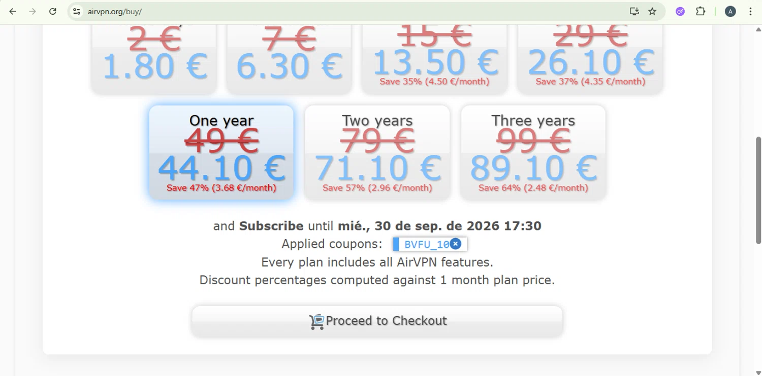 AirVPN checkout page showing AirVPN coupon code box | Screenshot taken by SimplyCodes community member on Sep 30, 2025