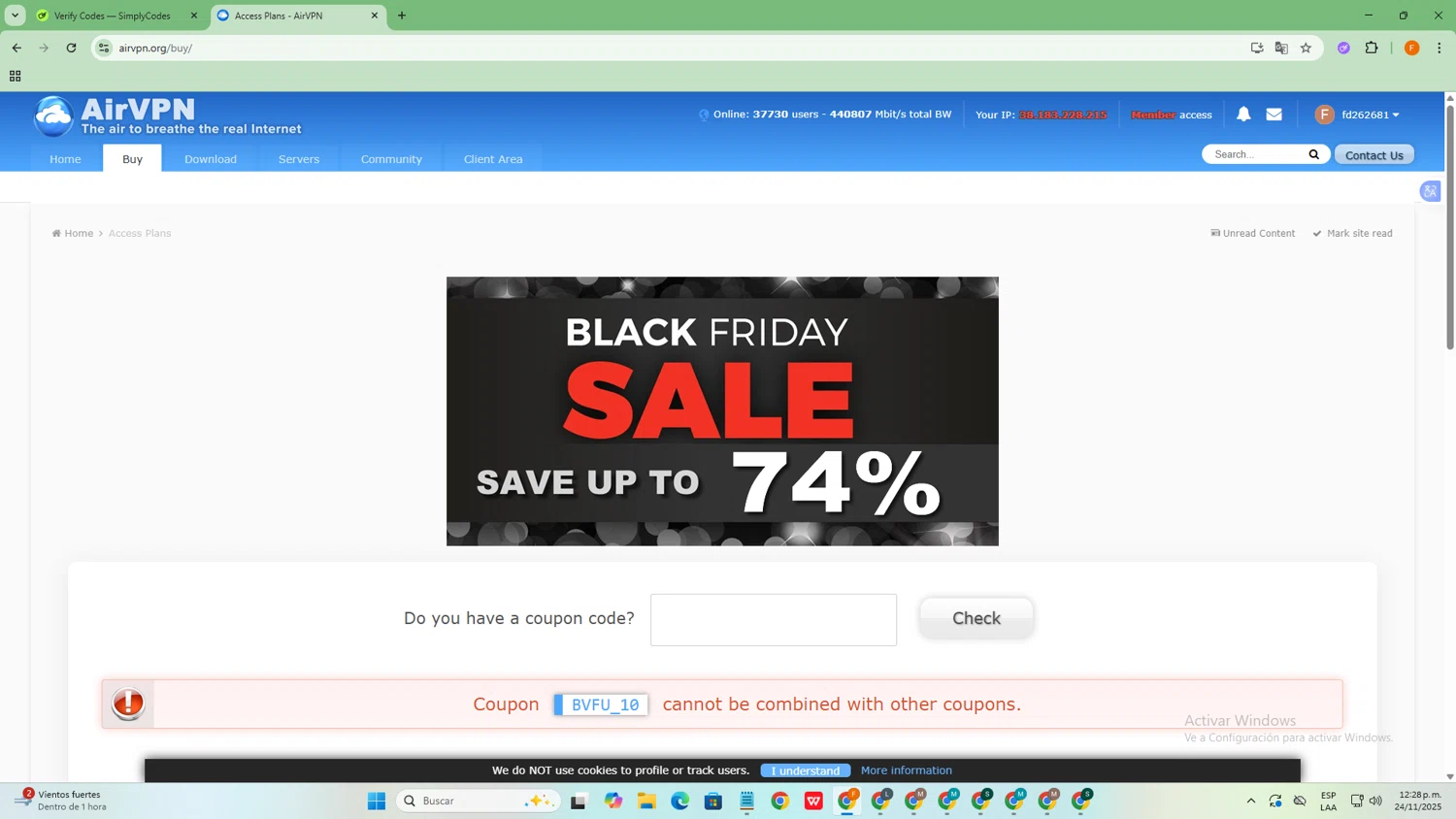 AirVPN coupon code screenshot showing code BVFU_10 applied at AirVPN checkout page. Uploaded by SimplyCodes community member SavvyCollector9528 on Nov 24, 2025