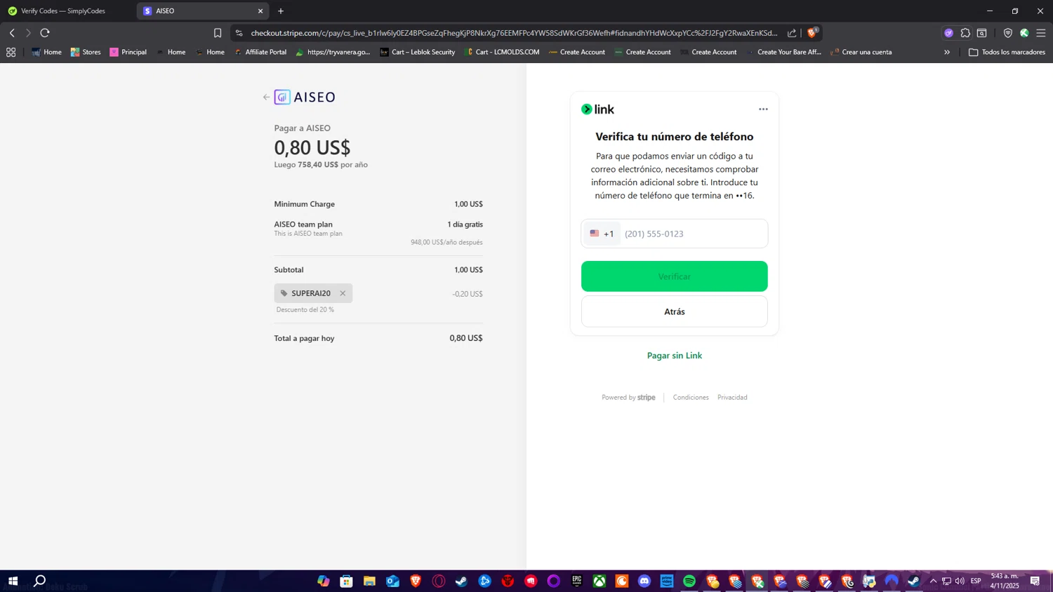 AISEO promo code screenshot showing code SUPERAI20 applied at AISEO checkout page. Uploaded by SimplyCodes community member Nulo0000 on Nov 4, 2025