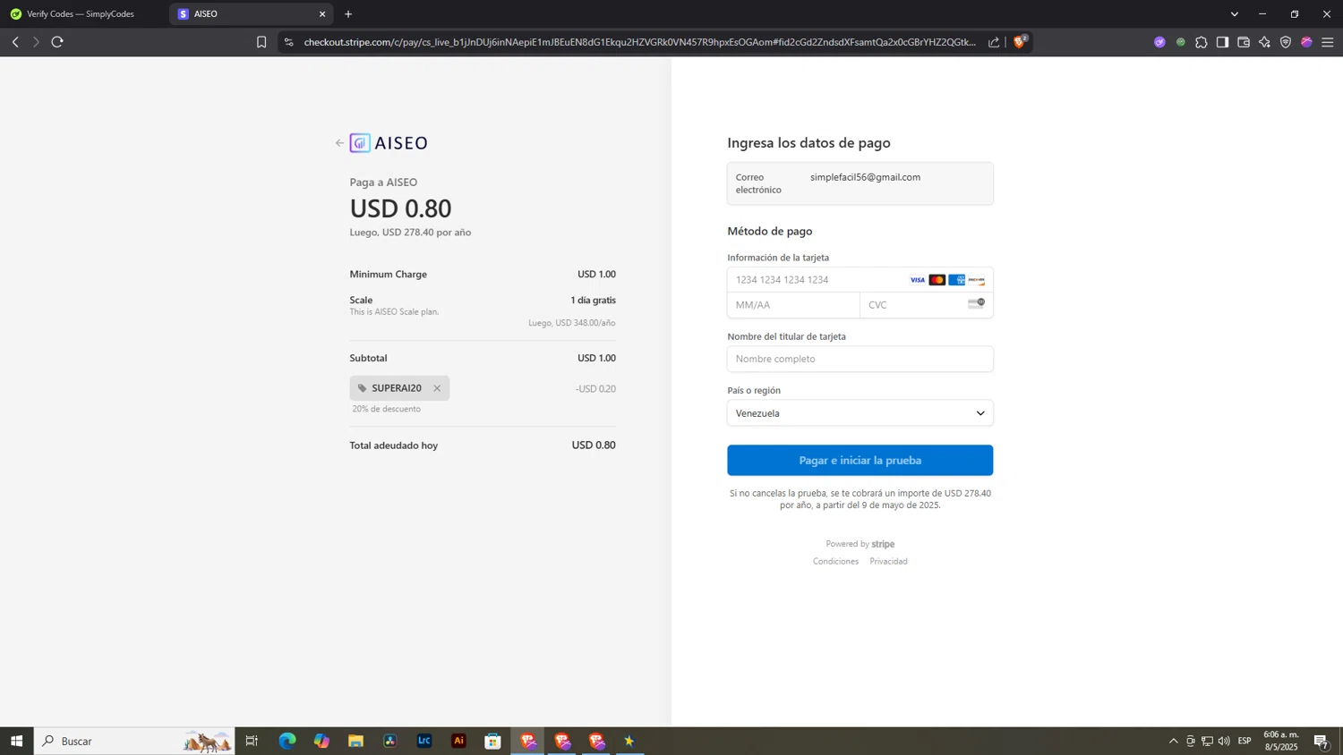 AISEO promo code screenshot showing code SUPERAI20 applied at AISEO checkout page. Uploaded by SimplyCodes community member NobleLegend6162 on May 8, 2025