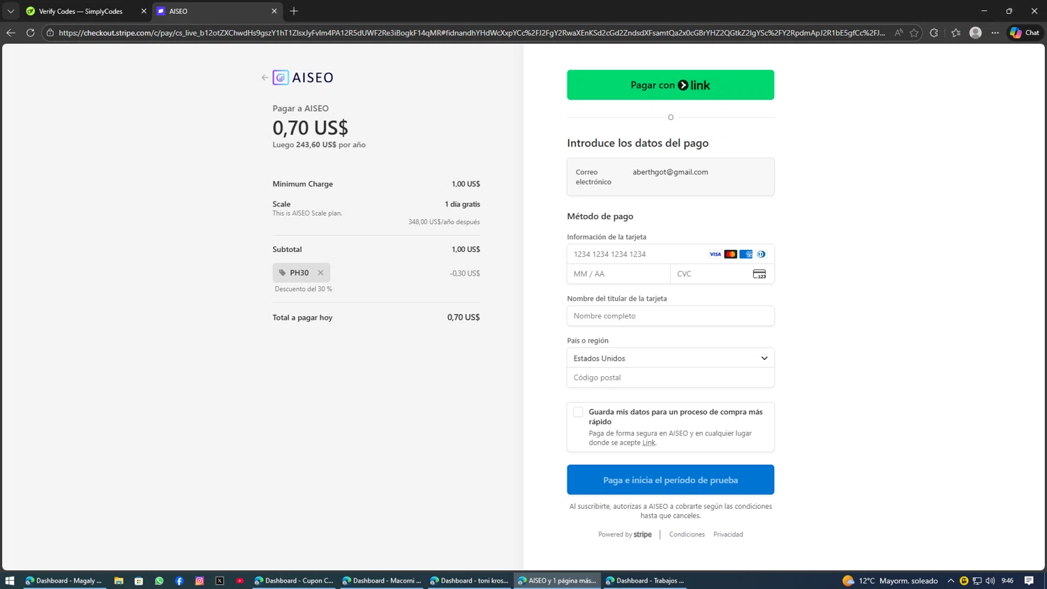 AISEO checkout page showing AISEO promo code box | Screenshot taken by SimplyCodes community member on Jan 29, 2026